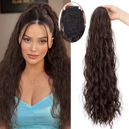 Water ripple long curly synthetic hair extension with drawstring ponytail attachment in multiple colour options