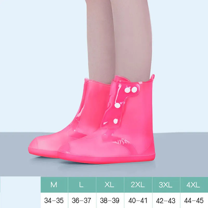White high-top PVC waterproof shoe cover for women, shown on a foot.