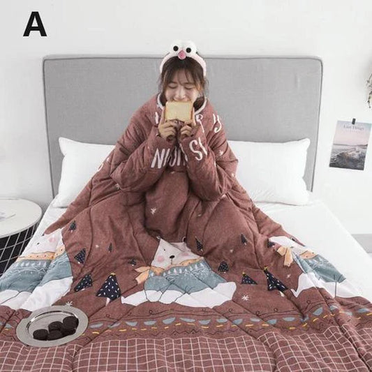 Cozy heated blanket with sleeves for comfortable lounging and hands-free relaxation