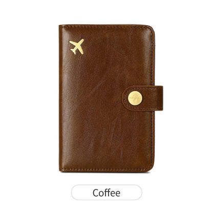 PU passport wallet with sewing line detail, shown in multiple colours including black, pink, and blue, featuring anti-theft swiping protection.