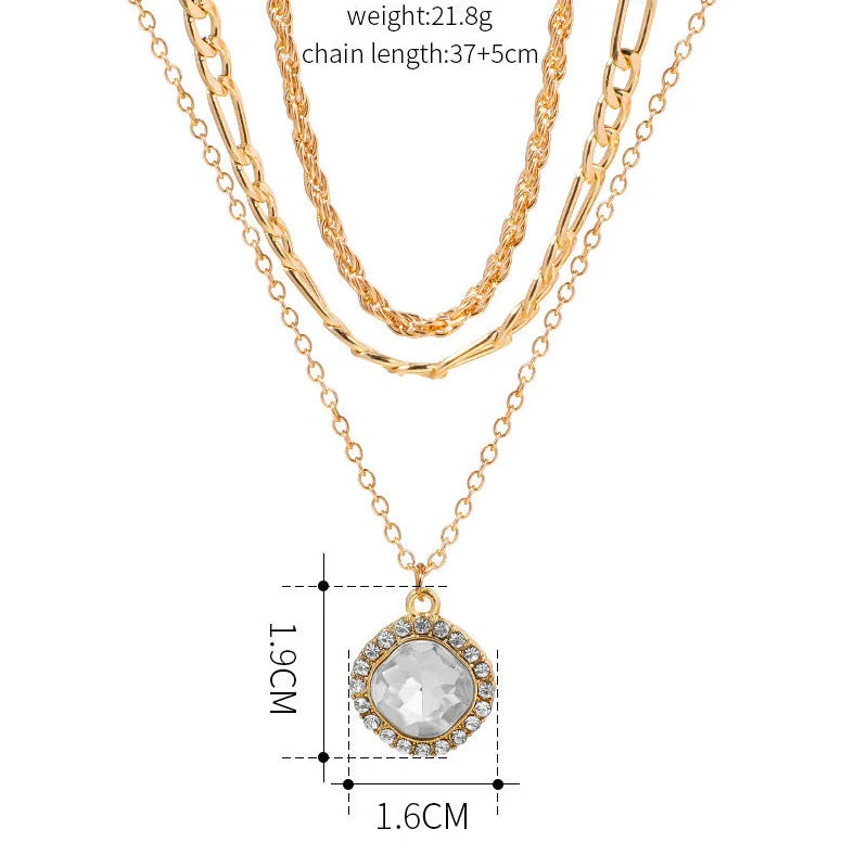 Gold multi-layer pendant necklace with geometric design and hemp flowers chain texture