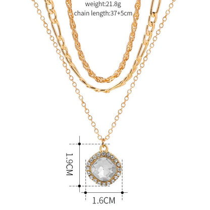 Gold multi-layer pendant necklace with geometric design and hemp flowers chain texture
