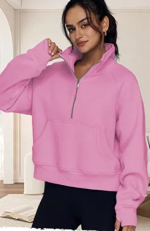 Women's loose lapel fleece-lined sweater in a solid colour with raglan long sleeves.