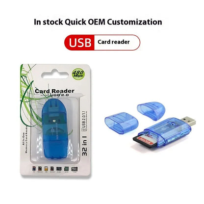 Transparent USB card reader with LED options, measuring 7.5x2.9x1.1 inches, includes card holder and bag