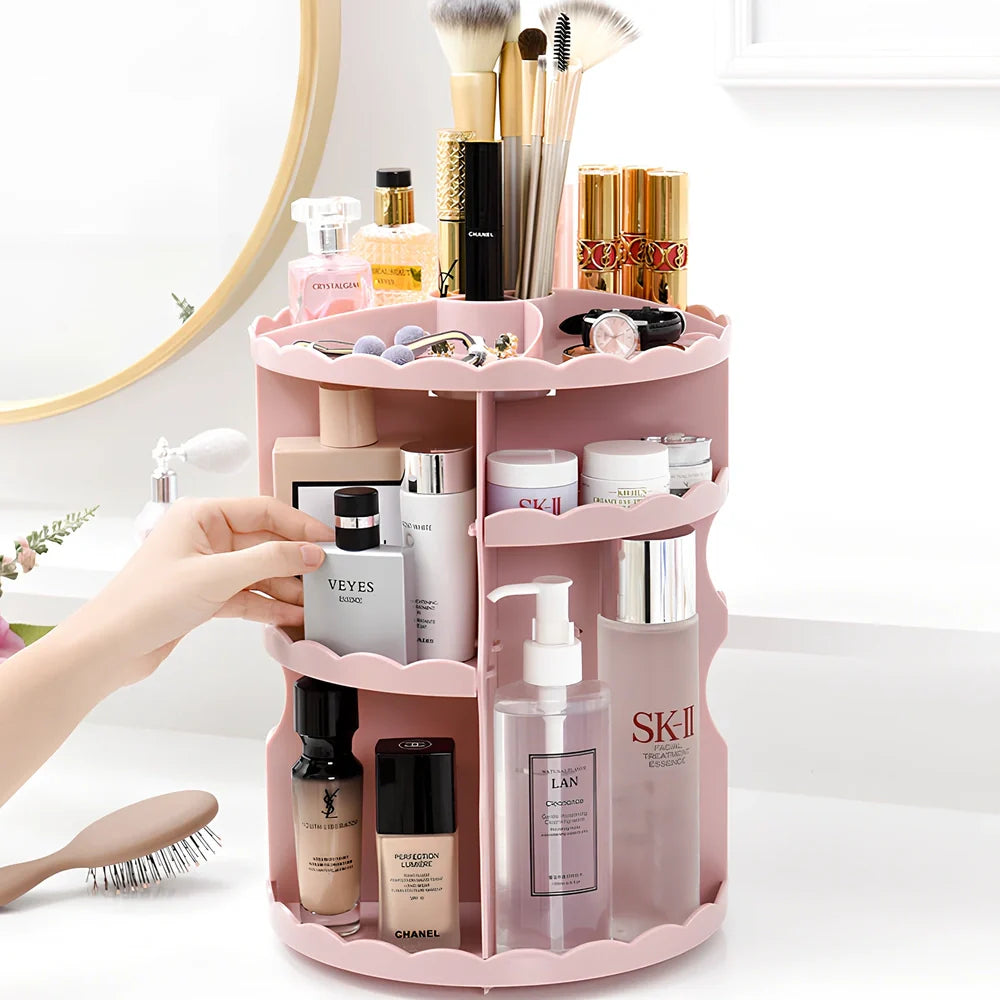 Pink rotating cosmetics storage box with 360-degree mechanism and 23 x 30.5cm dimensions organising bathroom items