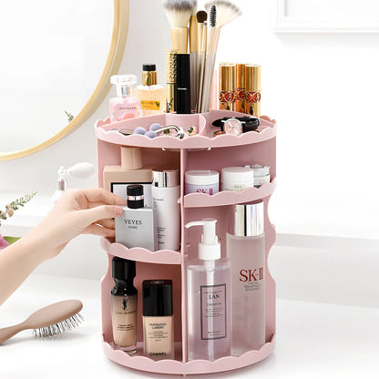 Pink rotating cosmetics storage box with 360-degree mechanism and 23 x 30.5cm dimensions organising bathroom items