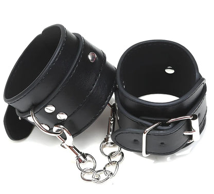 PU leather BDSM handcuffs with adjustable 5-8cm wrist openings and metal buckle