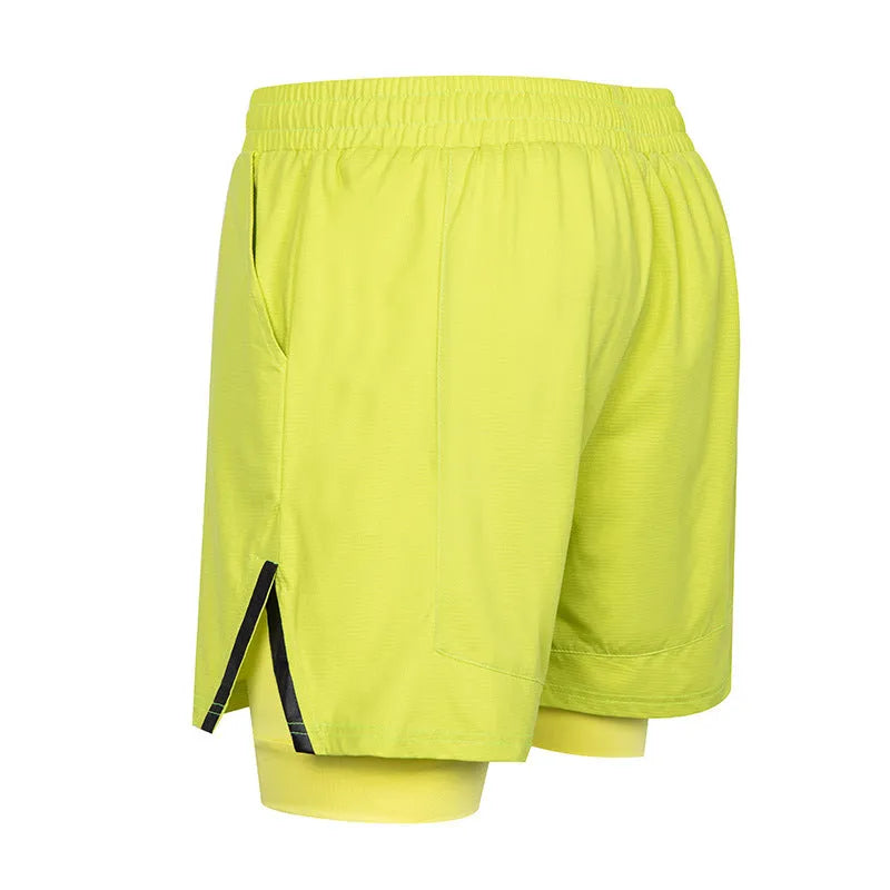 Men's small plaid quick-dry sports shorts in polyester, shown in multiple colours including army green and fluorescent yellow.