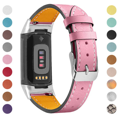 Genuine leather strap for Fitbit charge5/6 smartwatch adjustable 5.5-8.1 inches 16 colours