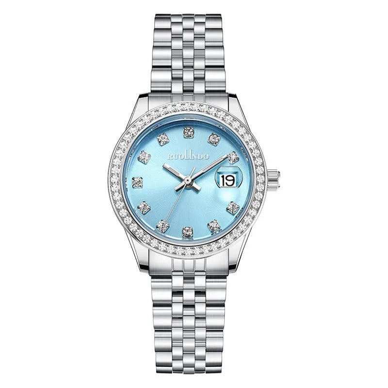 Women's silver alloy quartz watch with circular dial and stainless steel folding buckle.