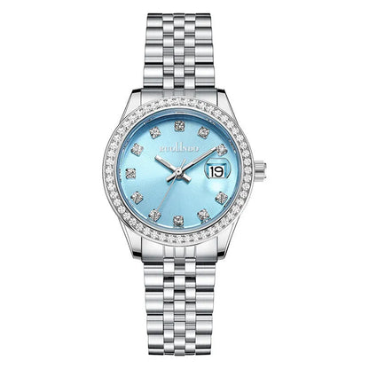 Women's silver alloy quartz watch with circular dial and stainless steel folding buckle.
