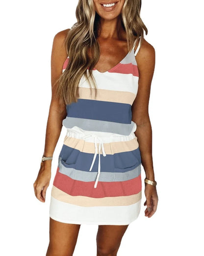 Cotton stripe drawstring summer dress for women in various colours
