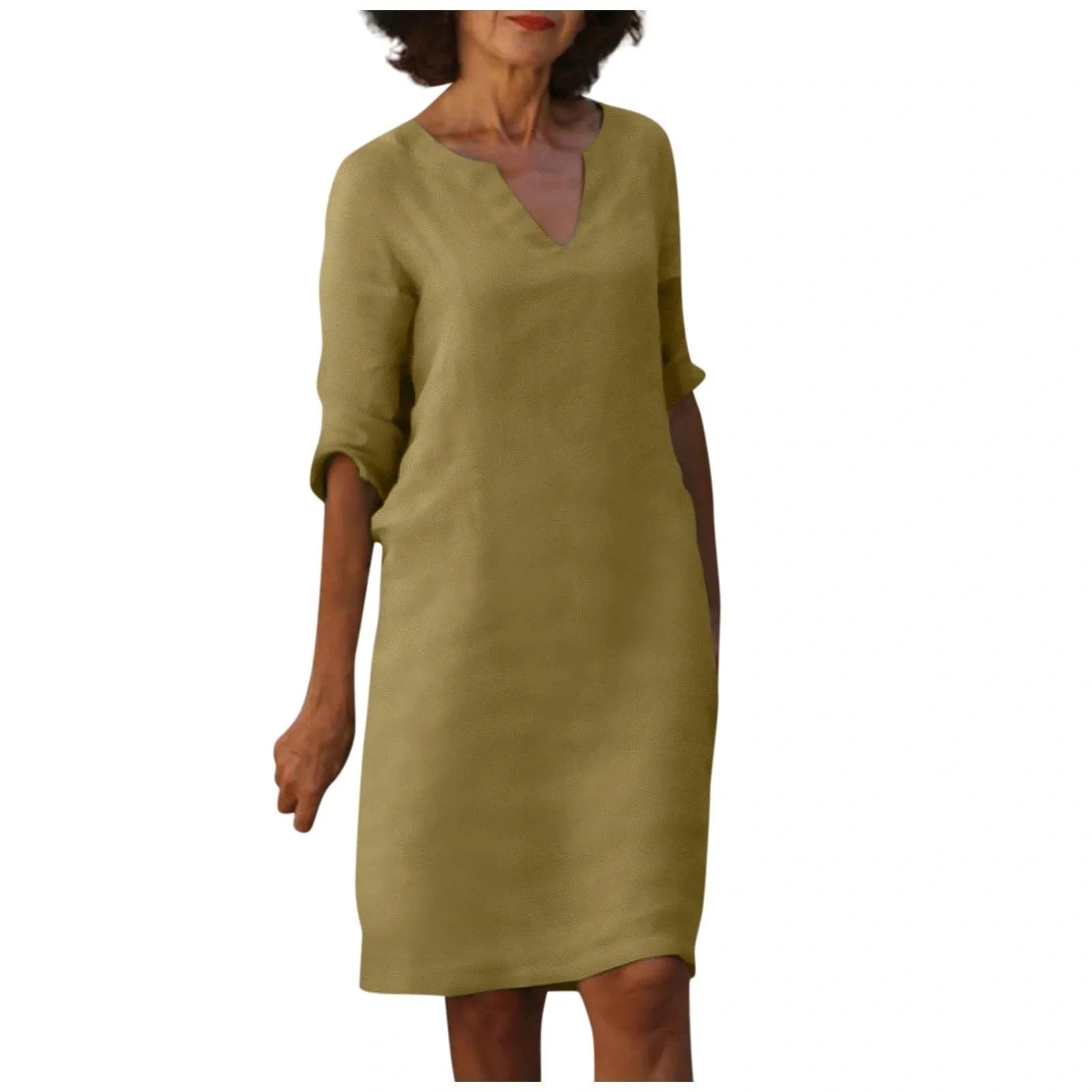 Retro cotton and linen V-neck dress with high waist and summer stitching in various colours