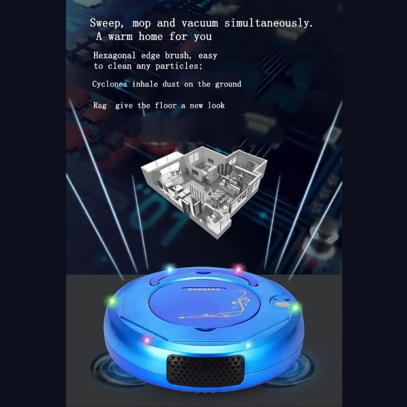 Blue floor sweeping robot vacuum cleaner on a wooden floor