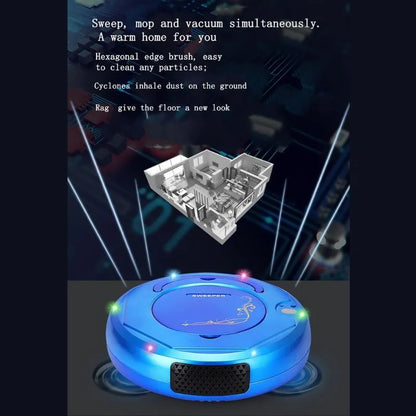 Blue floor sweeping robot vacuum cleaner on a wooden floor