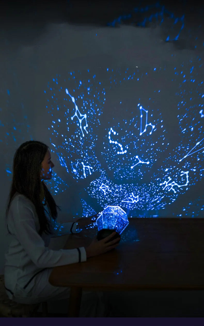 Children's rotating star projector night light showing blue, green, and yellow stars projected on a ceiling.