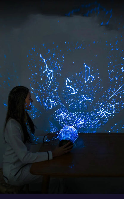 Children's rotating star projector night light showing blue, green, and yellow stars projected on a ceiling.