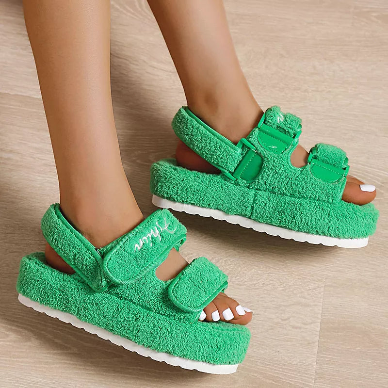 Women's Velcro Plush Rome Platform High Heel Sandals in black, blue, green, and orange