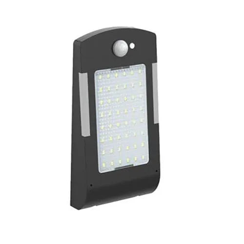 Black and white solar garden light with LED panel shown in wall mount and adjustable rod styles.