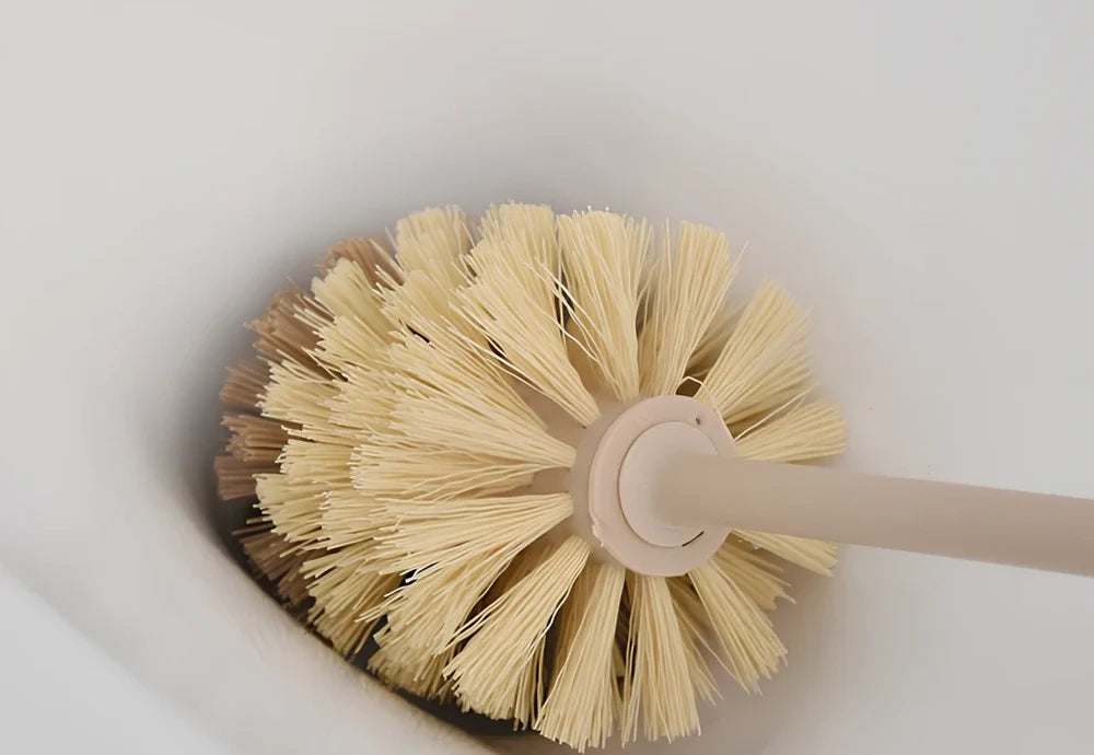 Wooden handle toilet brush with 360-degree bristle coverage for complete toilet cleaning