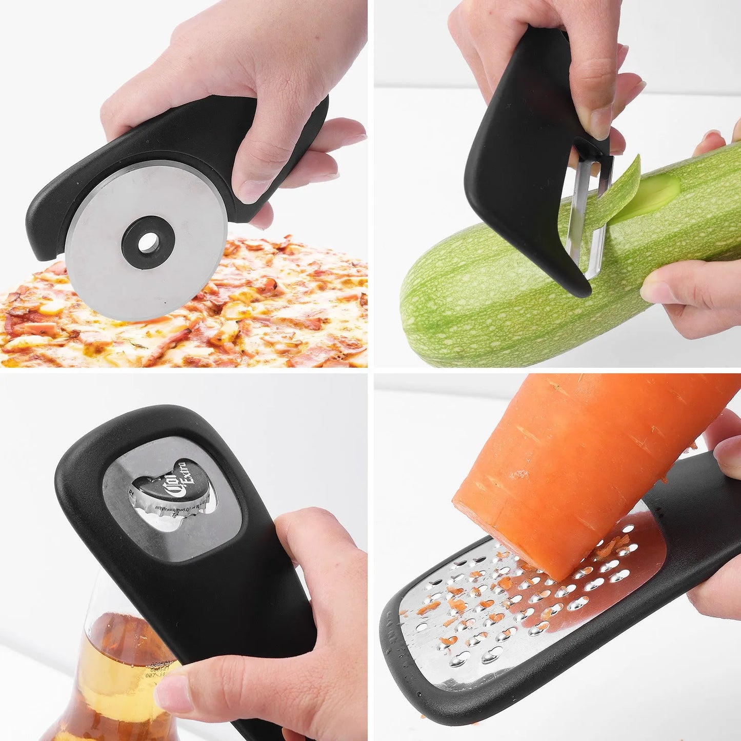 Six stackable kitchen widgets and a cleaning brush in a colour box, showing modern design