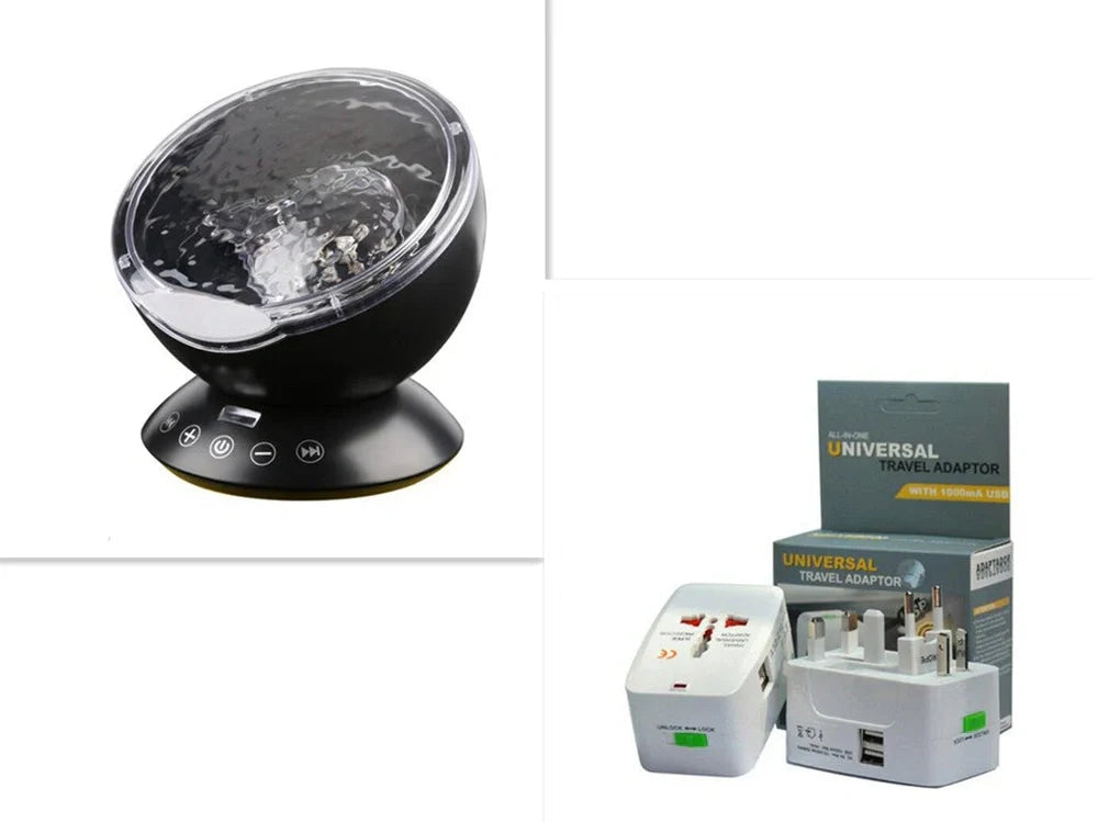 Ocean wave projector showing colourful LED light projection with remote control and adjustable 45-degree angle