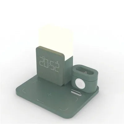 Dark green 3-in-1 Qi wireless charger stand charging a smartphone, smartwatch, and earbuds