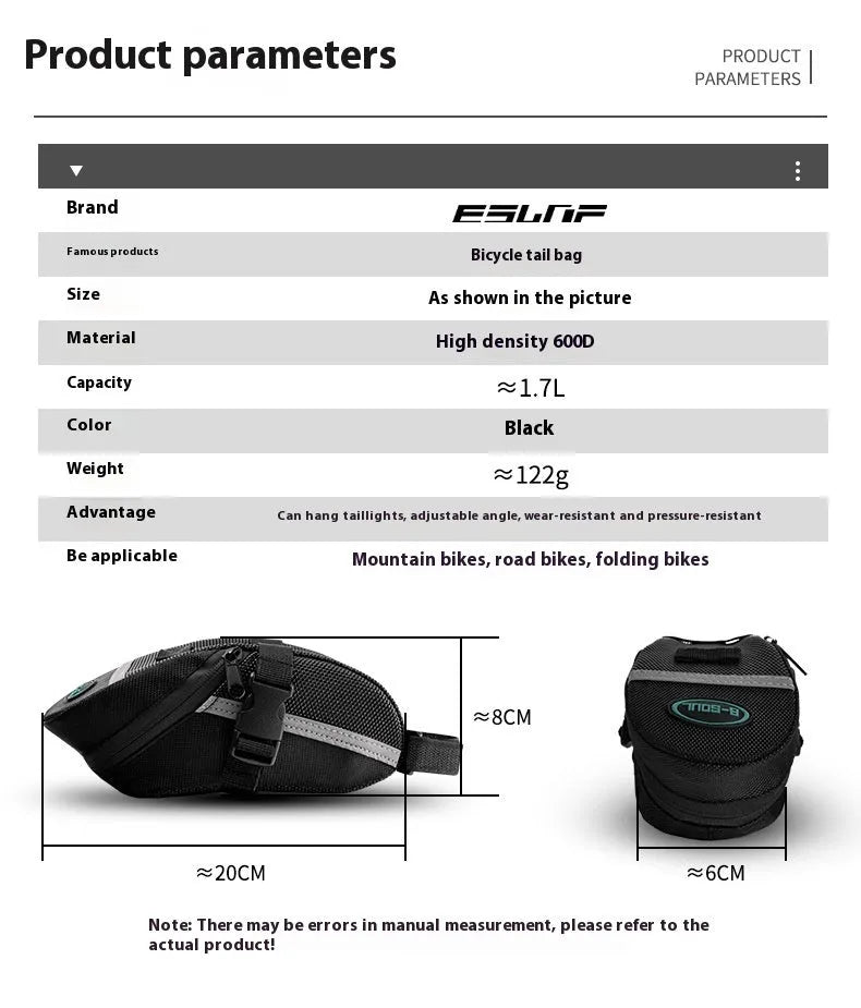 Black cycling saddle bag with quick-release mount showing 20x8x6cm dimensions on bicycle