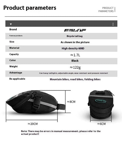 Black cycling saddle bag with quick-release mount showing 20x8x6cm dimensions on bicycle