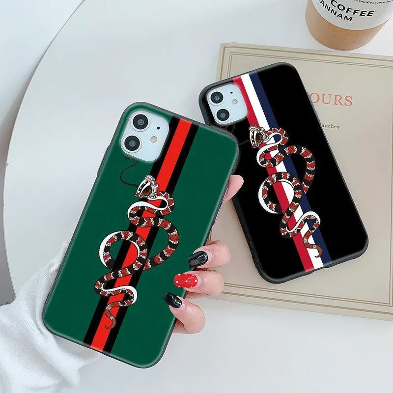 Black frosted silicone iPhone case with cartoon snake design shown on mobile phone