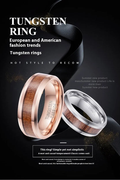 Men's tungsten ring with wood and leather inlay on a U-shaped 8mm wide band.