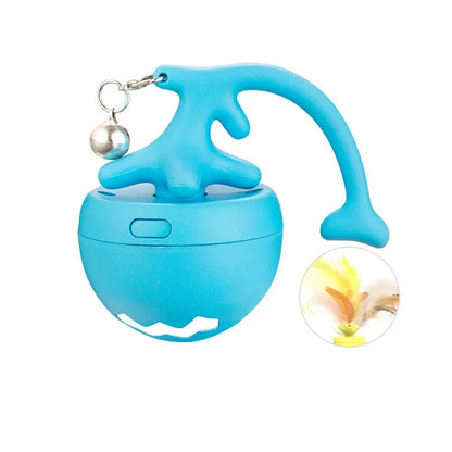 Blue USB rechargeable electric cat teasing ball with fish bone attachments and a separate feather teasing stick.
