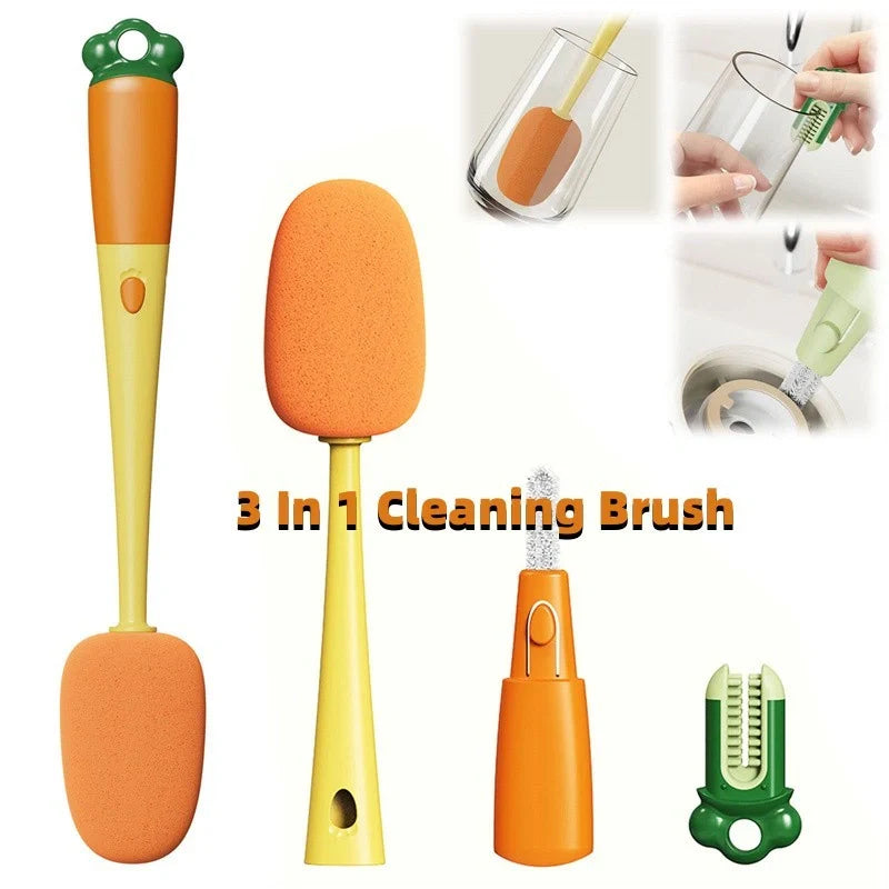 3-in-1 multifunctional cleaning brush set with carrot design for cups and bottles