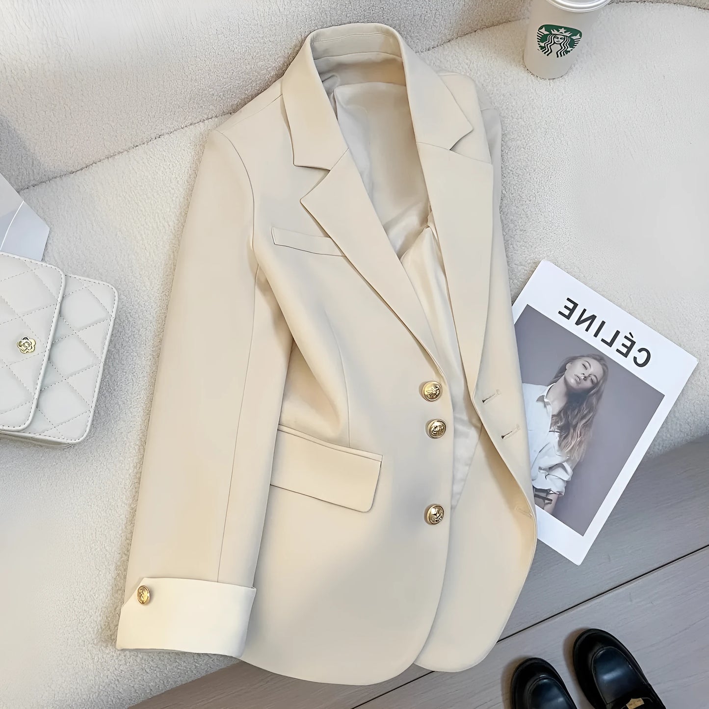 Women's Korean-style coat with 65cm length, loose fit, regular long sleeves and pockets in milky white