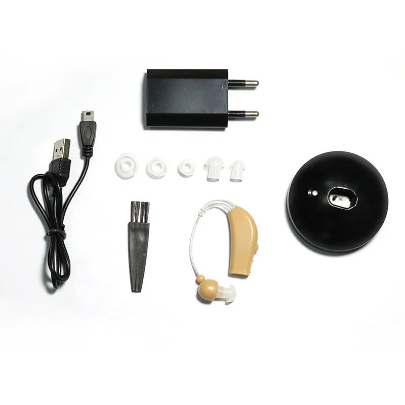 Black silicone rechargeable hearing aid amplifier for elderly users with charging cable
