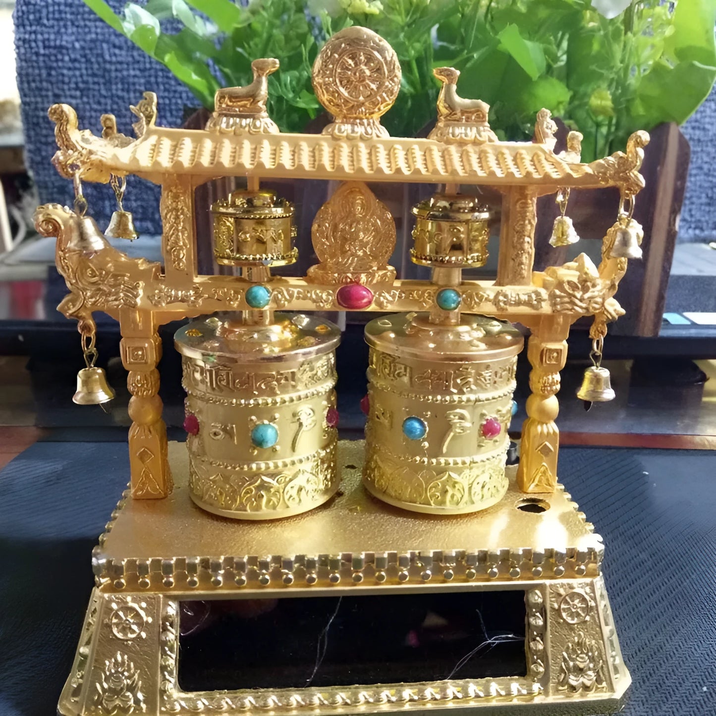 Traditional Chinese alloy prayer wheel car decoration measuring 12x15x8cm