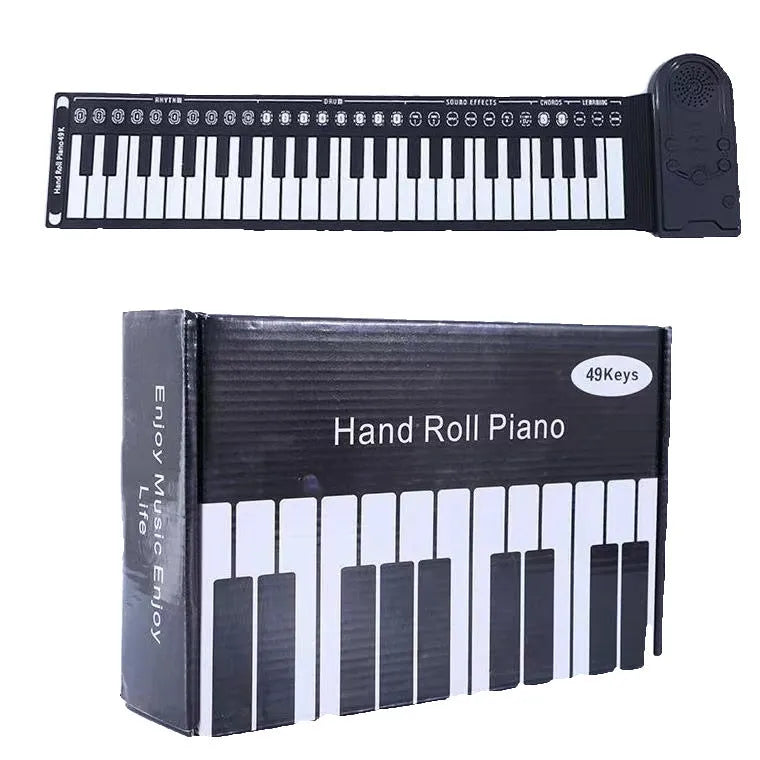 49-key portable folding electronic keyboard in gloss black, showing hand-roll design and compact 28cm size