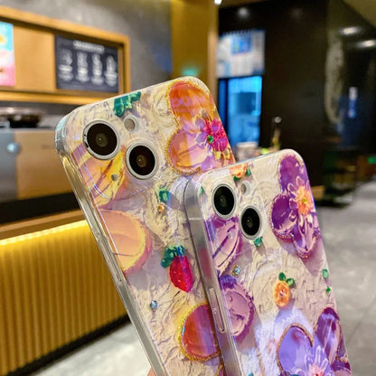 Purple and yellow soft silicone phone case with oil painting flower design and diamond drop glue decoration