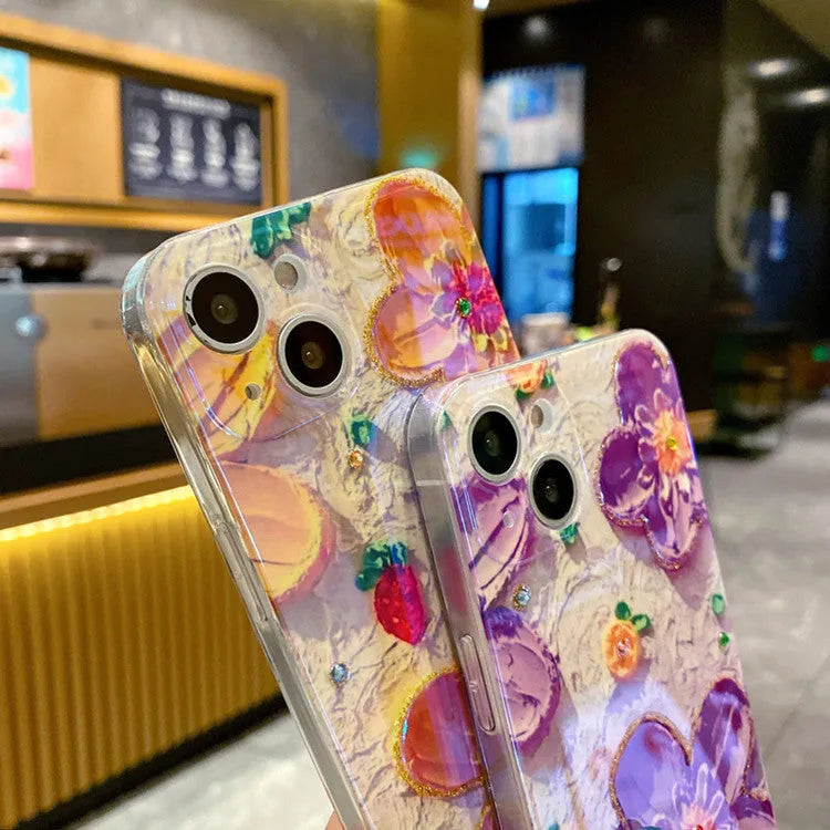 Soft Silicone Mobile Phone Case with Oil Painting Flower Design Blue Light Inlaid with Diamond Drop Glue, Compatible with iPhone, Huawei, OPPO, Vivo Models in Purple and Yellow Colours, Back Cover Type