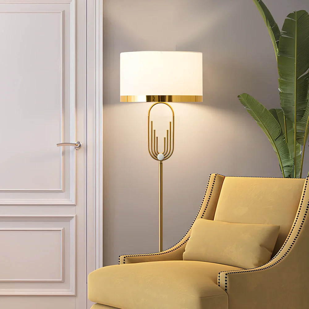 Modern vertical floor lamp with adjustable height and fabric shade for reading and desk work