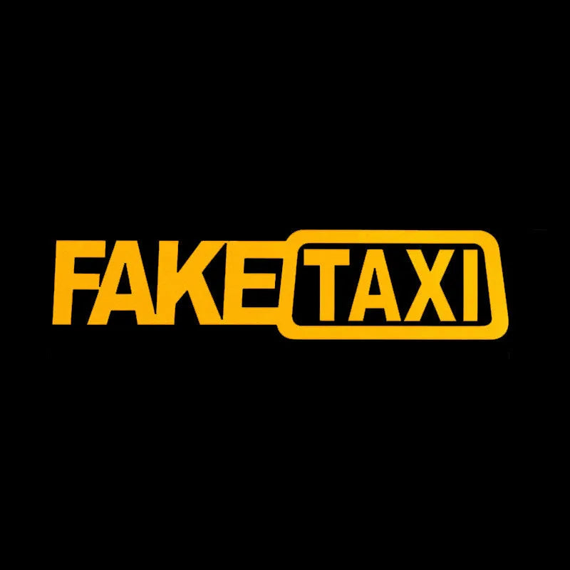 FAKE TAXI car warning sticker in black, white and yellow colours showing 20x8cm waterproof PET label