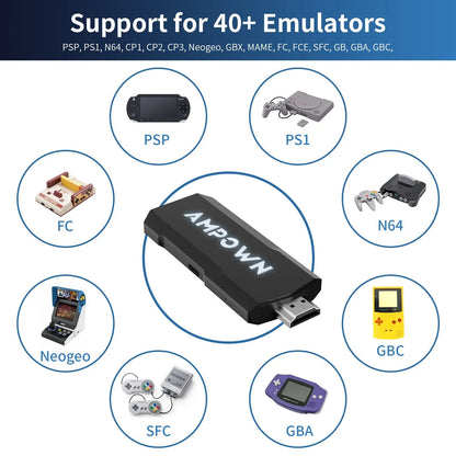 HD home TV game console with wireless handle on a black background, showing HDMI port and compact size.
