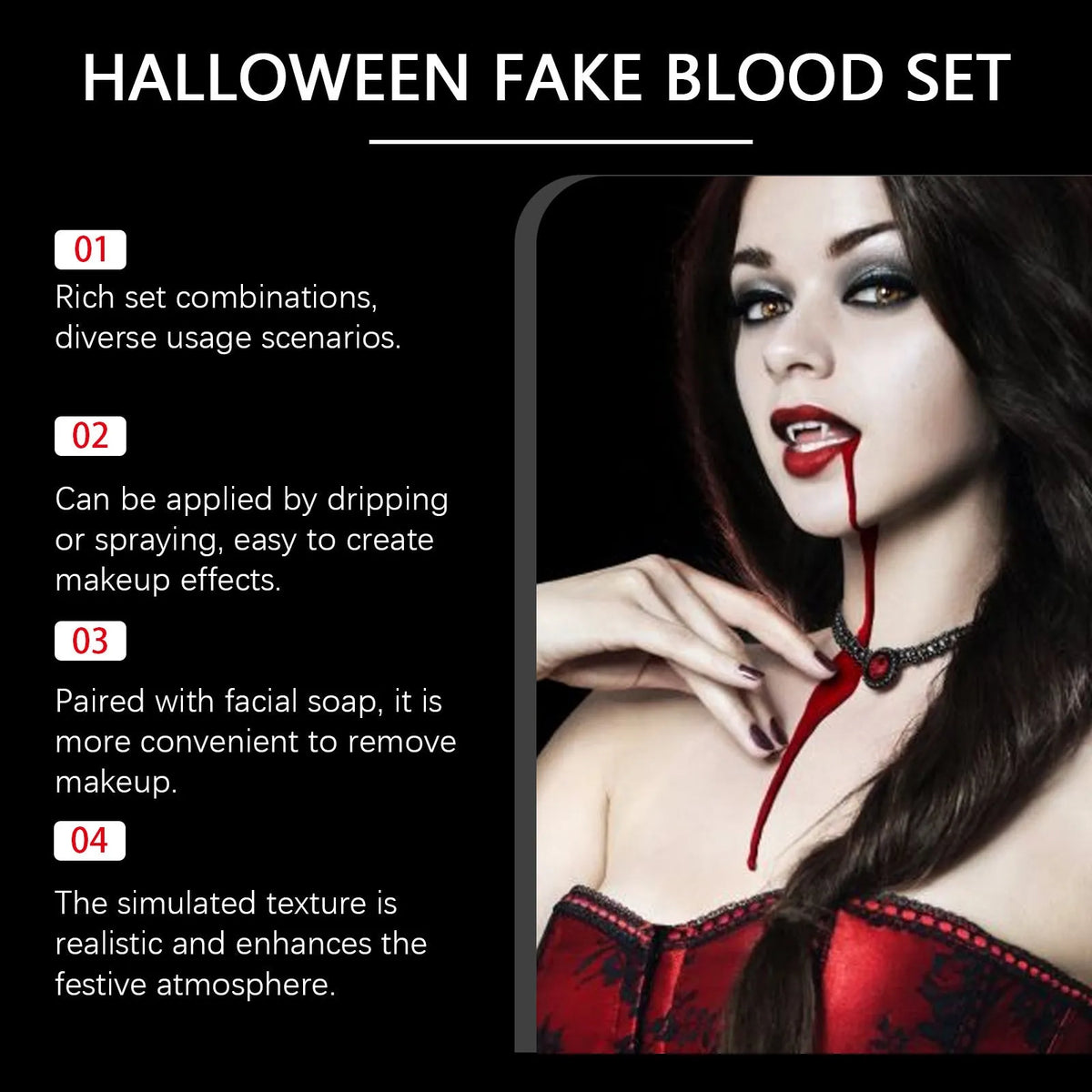 Three-piece washable fake blood set with plasma drops, plasma spray, and surface soap for horror effects