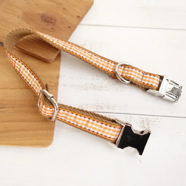 Small brown plaid dog collar in polyester, British style check pattern, available in sizes XS to XL