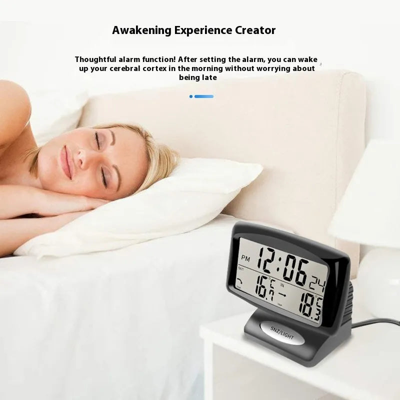 Black vehicle mounted electronic dual thermometer clock, model SH-350, 85x24mm, for inside and outside temperature