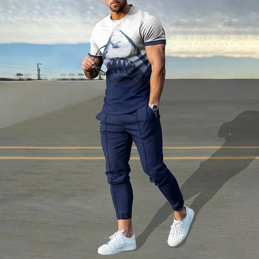 Men's printed short-sleeved pullover and trousers set in polyester blend fabric