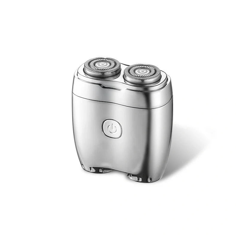 Silver portable electric shaver with floating double cutter heads, USB charging port, and rubberised grip