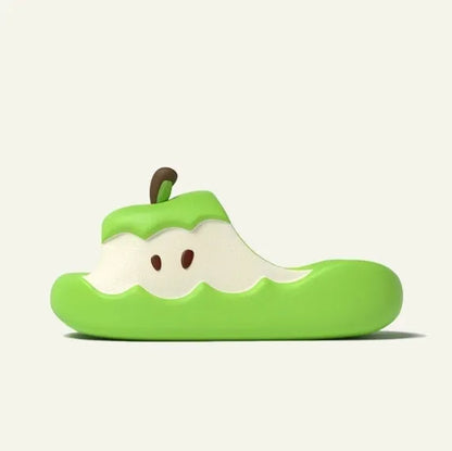 Cartoon fruit-themed EVA flip flop slippers for adults on a plain background.