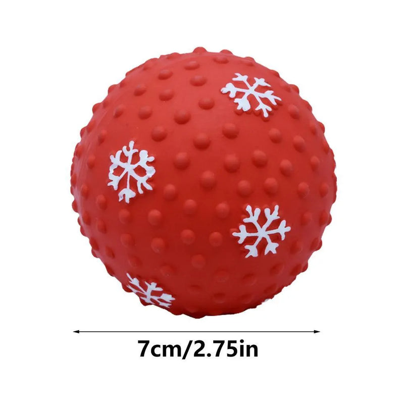 Dog toy ball for small and medium dogs, interactive chewing toy with Christmas snowflake print, made from soft durable material, approximately 7cm diameter with air vents for sound and floating, helps with tooth cleaning and indoor or outdoor play.