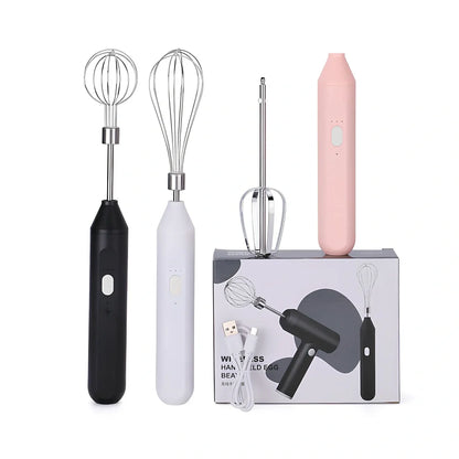 Black handheld electric egg beater with stainless steel beaters and 3-speed control buttons